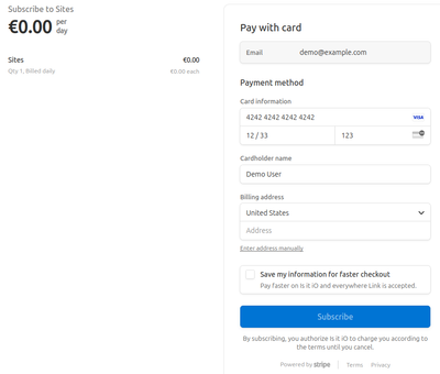 The credit card form